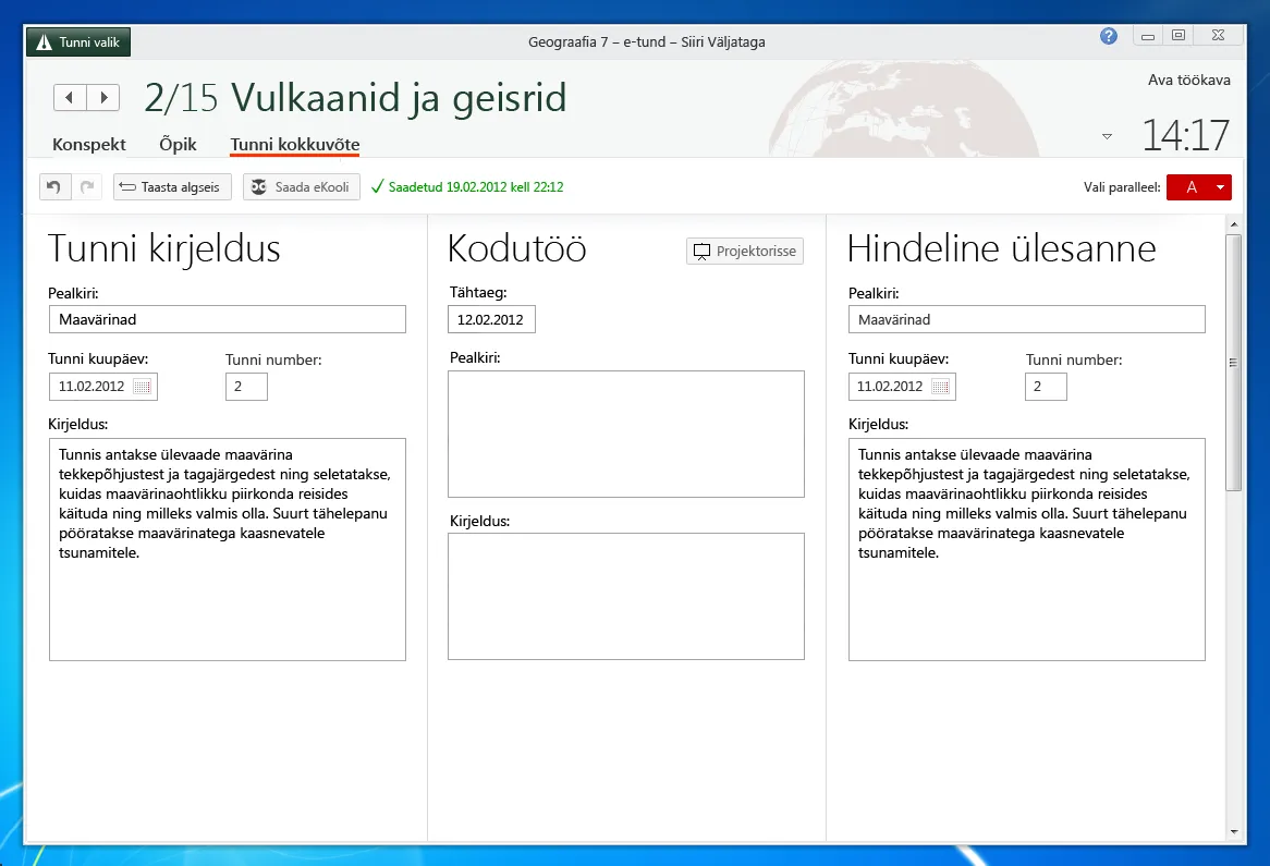 Pre-filled, but editable conclusion of the lesson, ready to be submitted. Avita e-tund app screenshot