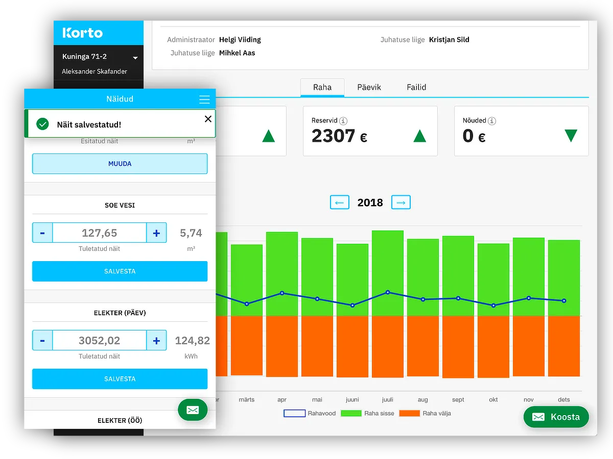 Views for common use cases – reporting meter readings and reviewing associations's financials. Korto screenshot.