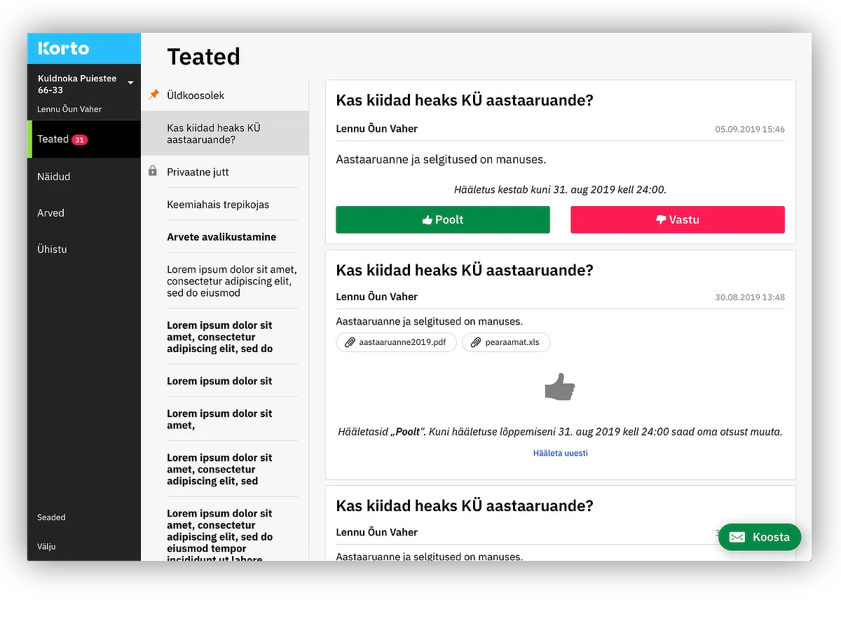 A new feature in responsive app – electronic voting. Korto screenshot.